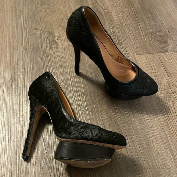 L.A.M.B Black Dyed Calf Hair Nikko Platform Heels Sz 6 - Picture 11 of 16